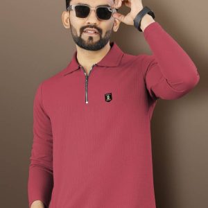 Men Solid Zip Neck Polyester Pink T-Shirt